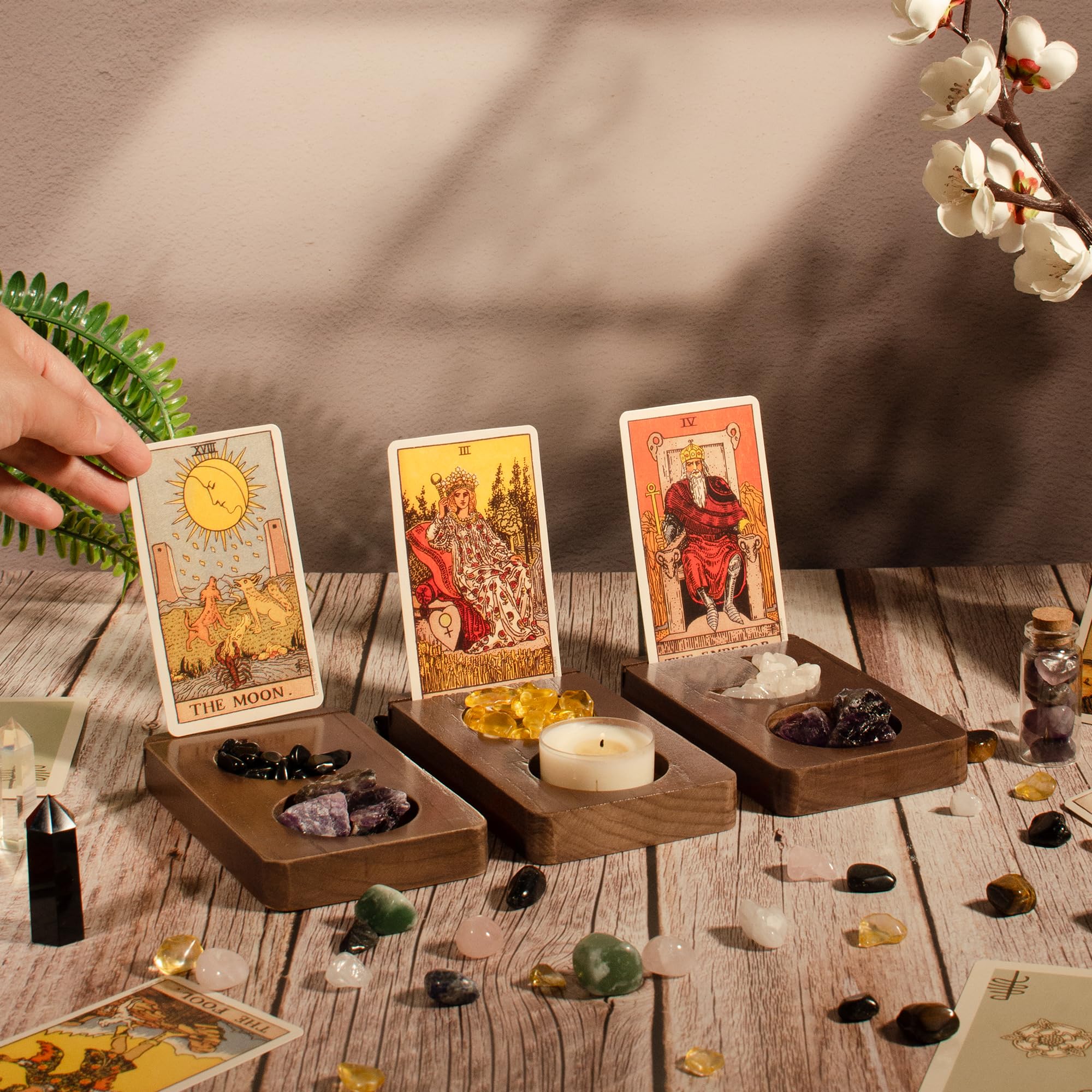 Kihomi Tarot Card Holder Stand Set - Oracle Card Display for Tarot Readings, Showcasing Different Decks, Tarot Gifts for Women - Witchcraft, Divination, Wiccan Supplies, and Altar Space (Moon Phase)