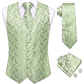 Hi-Tie 5PCS Mens Silk Suit Vests and Tie Lapel Pin Set Paisley Floral Waistcoat Necktie God Tie Clip Set Wedding Party