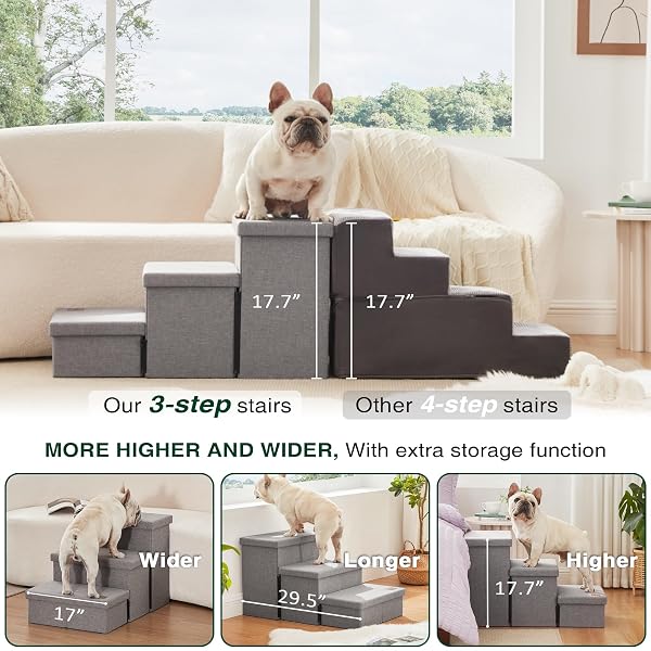 LOVE’S CABIN DOG STAIRS FOR HIGH BED 18″H,FOLDABLE PET STAIRS FOR SMALL MEDIUM OR LARGE DOGS PUPPY WITH STORAGE FOR BED OR COUCH, CAT DOG STEPS RAMP WITH ZIP UP TO 200 LBS(SOLID GREY,3 STEPS NO CONDO)