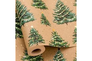 Yarcony Kraft Christmas Wrapping Paper, Green and Gold Wrapping Paper, Luxury Gold Foil Christmas Tree, Star Design Brown Thick Holiday Gift Wrap for Present Packaging, Crafts (17 Inch X 16.5 Feet)