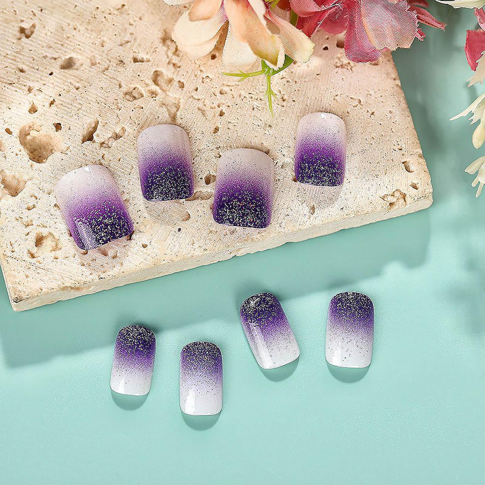 Square Press on Nails Short Fake Nails Purple French Tip False Nails Ombre Glue on Nails with Glitter Designs Nails Press ons Acrylic Nails Glossy Stick on Nails for Women and Girls 24Pcs - Image 4