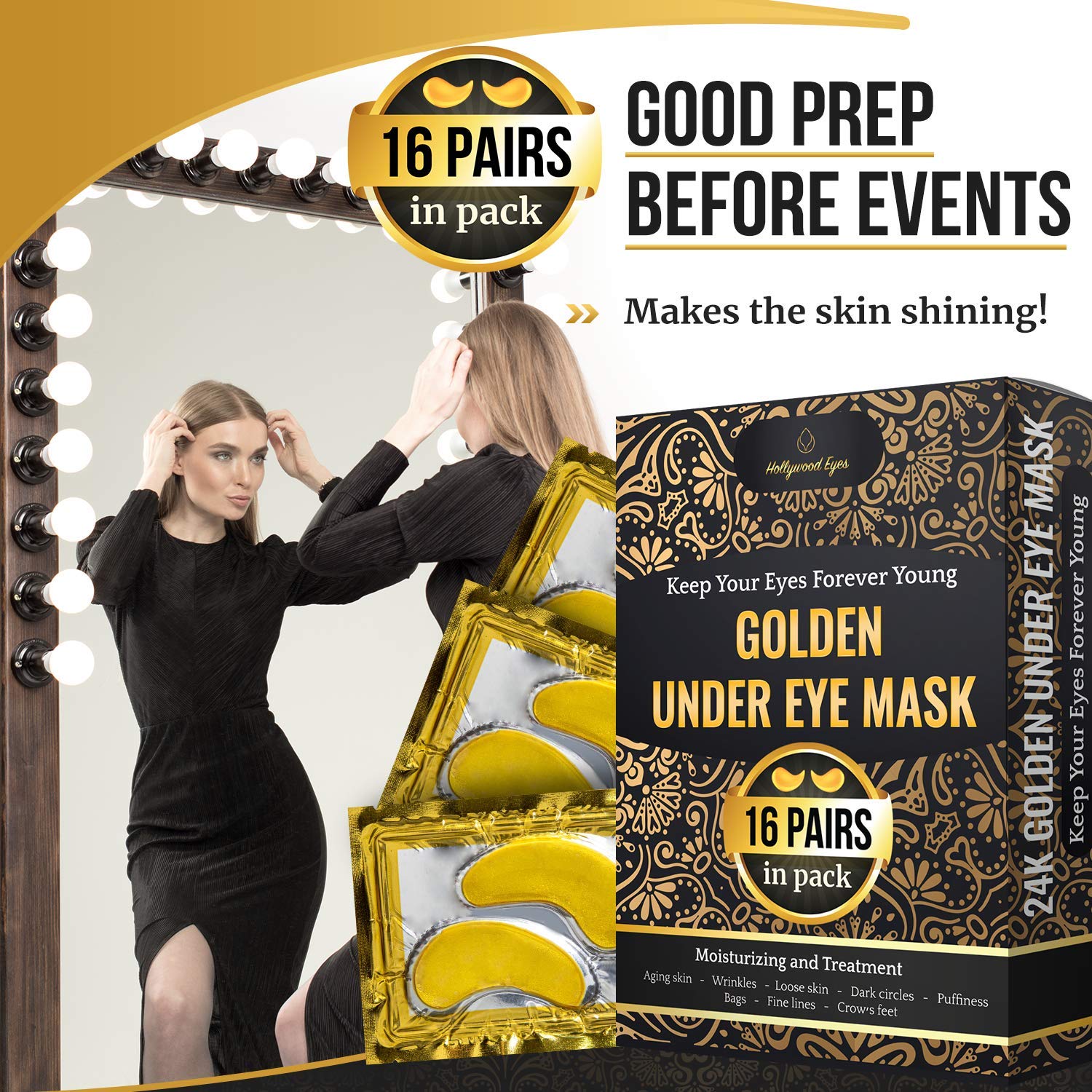 Under Eye Patches, 24K Gold Collagen Eye Mask, Dark Circles and Wrinkles Treatment, Anti-aging, Gel Pads for Puffiness and Bags, Immune System Support for Eyes, With Hyaluronic Acid, Deep Moisturizing : Beauty