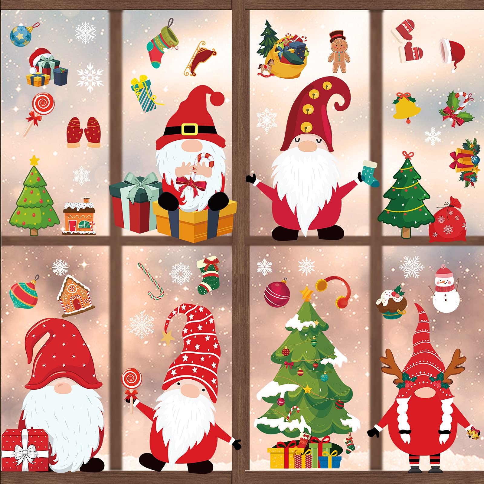 Fancy Daily 400 Pcs Christmas Window Stickers, 10 Sheets Reusable PVC Red & Green Cartoon Animal Themed Window Decorations for Windows, Glass, Car, Office