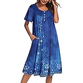 Ekouaer Nightgowns for Women Short Sleeve House Dress with Pockets Floral Print Mumu Dress Ethnic Print Blue 4XL
