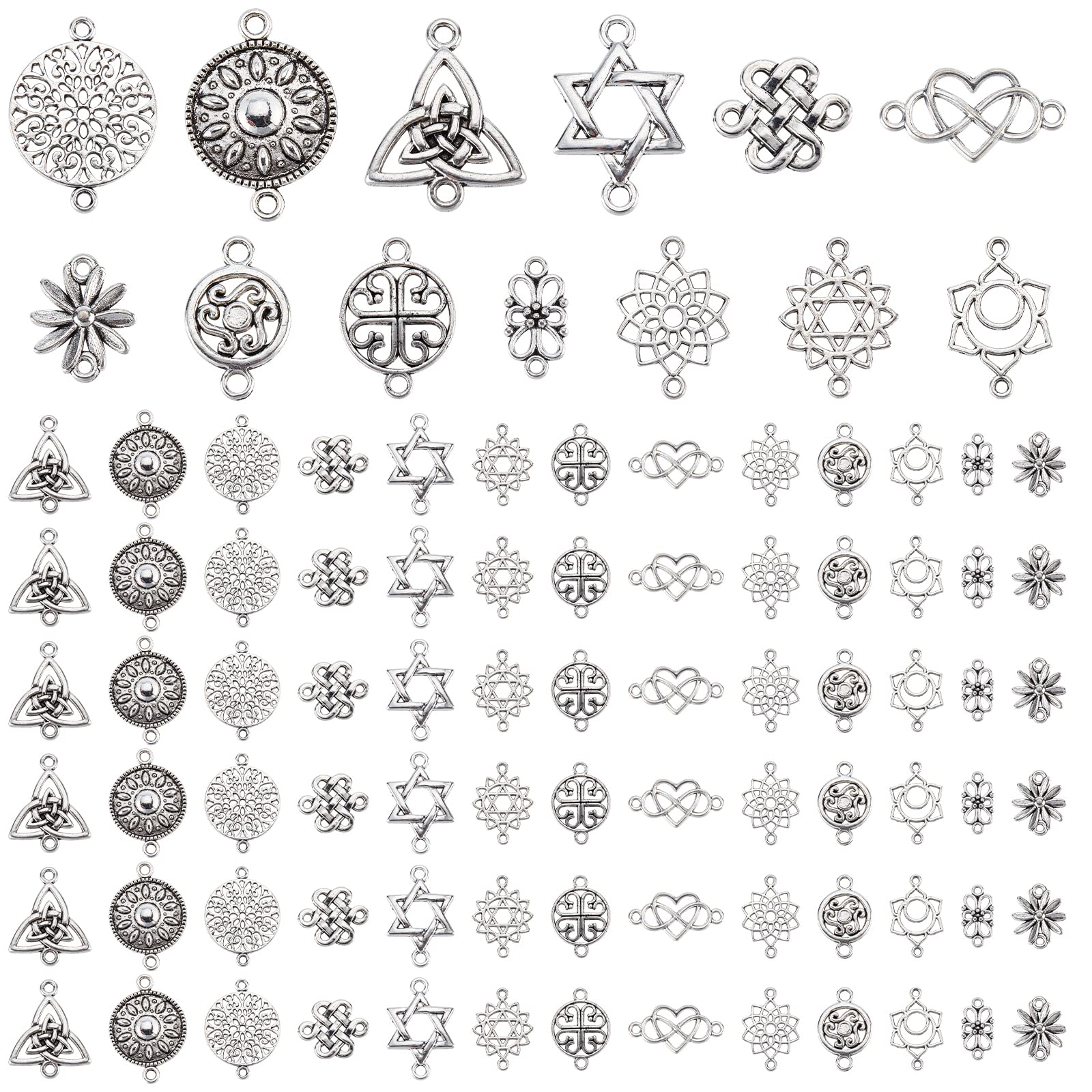 PandaHall Elite 195pcs 13 Style Connector Beads Charms Tibetan Antique Silver Flower Heart Charms Pendants Beads Connector for DIY Dangling Earrings Necklace Bracelet Making
