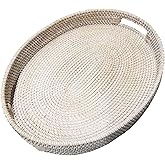 i-lan 17 Inch White Oval Rattan Extra Large Rattan Severing Tray Platter with Handle for Fruit,Breakfast,Drinks,Natural Wicker Woven Serving Basket Ottoman Tray for Coffee Table