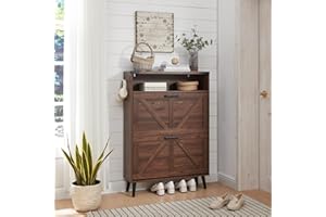 Barnyatoh Shoe Storage Cabinet,Farmhouse Shoe Organizer with 2 Flip Drawers & Barn Door Design,Freestanding Hidden Slim Narrow Shoe Rack Cabinet with Open Storage for Entryway, Foyer,Hallway, Walnut