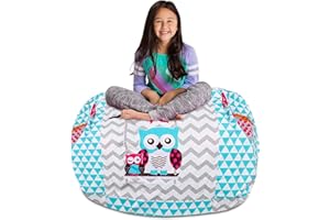 POSH CREATIONS Posh Stuffable Kids Stuffed Animal Storage Bean Bag Chair Cover - Childrens Toy Organizer, X-Large-48 - Canvas Owls White and Blue