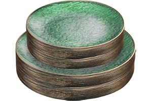 PLASTICPRO 48 Pieces Elegant Plastic Plates for Party Green with Gold Rim Includes 7" inch and 10" inch Fancy Plastic Plates 