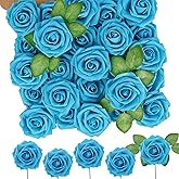 N&T NIETING Artificial Flowers 50pcs Real Looking Blue Foam Fake Roses with Stems for DIY Wedding Bouquets White Bridal Shower Centerpieces Arrangements Party Tables Decorations