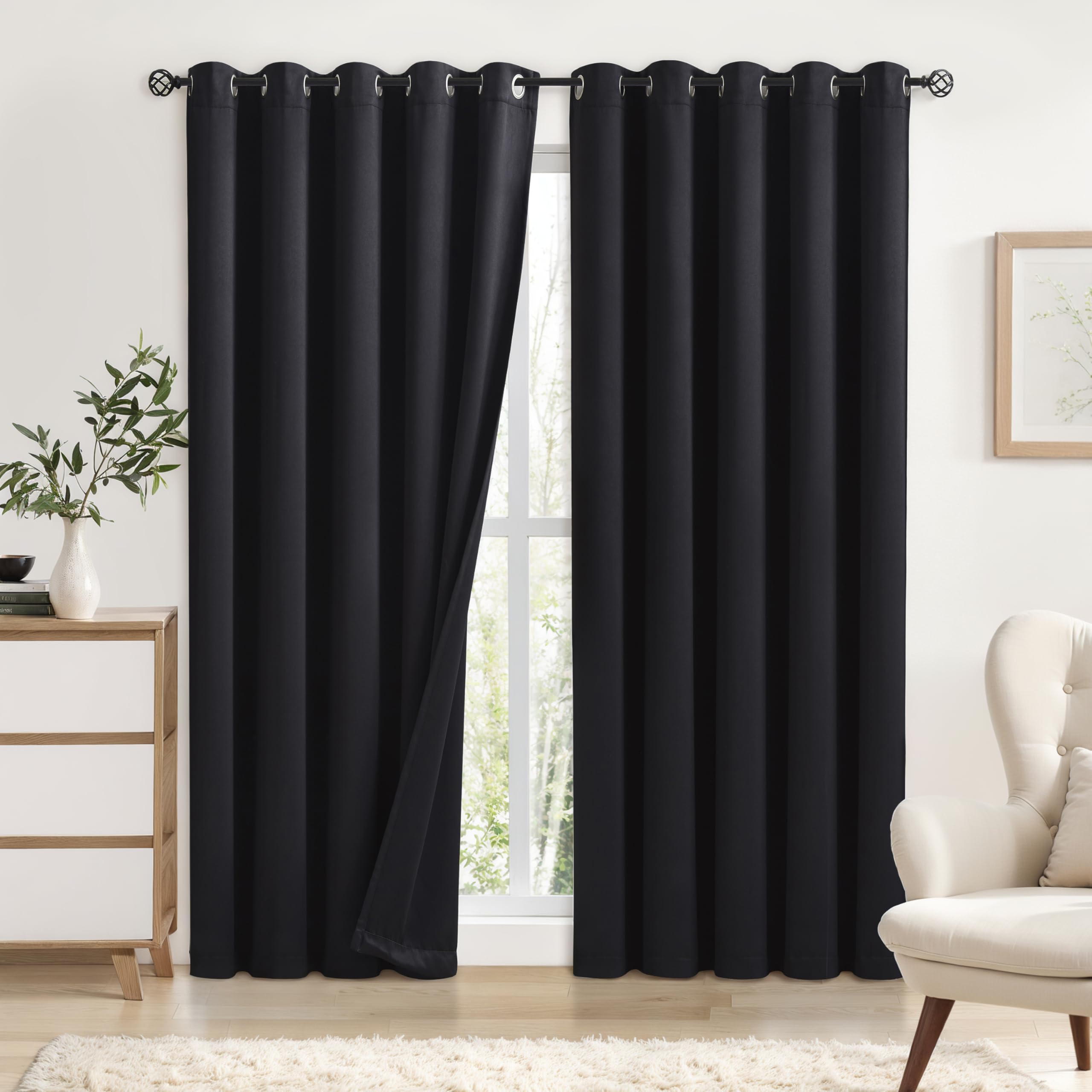 Bujasso Black Full Blackout Curtains 90 inches Thermal Insulated Room Darkening Draps for Living Room Bedroom Luxury Energy Saving Window Treatment Sets Grommet Top 2 Panels 65" Wx90 L