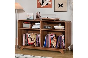 BOWENIOG Record Player Stand with Vinyl Storage Cabinet with Charging Station & USB Ports, Turntable Stand Table Holds Up to 350 Albums, Curved Vinyl Record Cabinet for Living Room (Walnut, 42.5-inch)