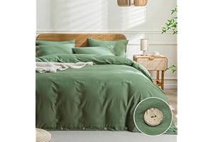 JELLYMONI Cotton Duvet Cover Queen Size - Green Comforter Cover with Button 100% Washed Cotton 3PCS Breathable Soft Solid Bedding Set Duvet Cover 90×90in & 2 Pillowcases (NO Comforter)