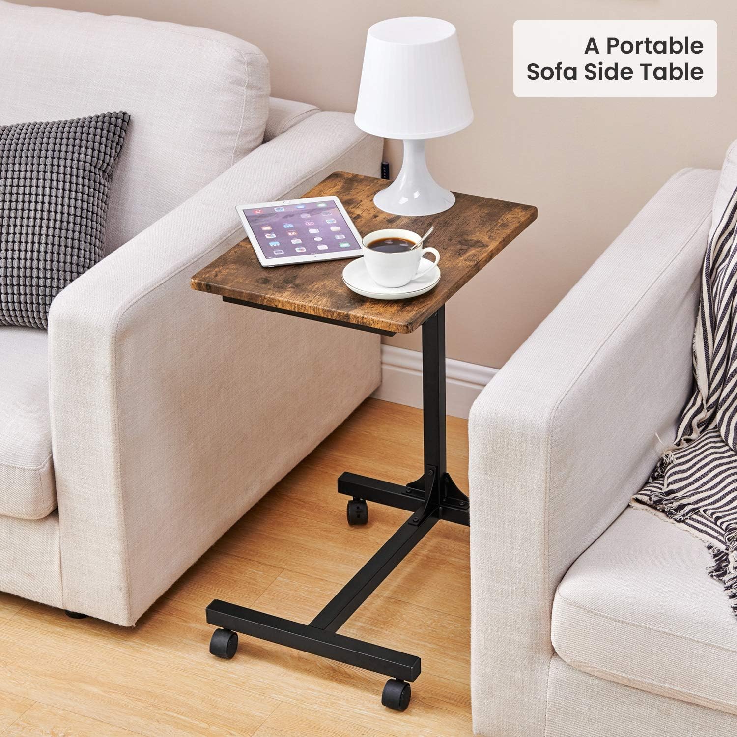 Coavas Over Bed Table C Side Rolling Table with Lockable Wheels Medical Portable Notebook Laptop Desk 3 Adjustment Levels TV Tray Table for Eating Breakfast, Walnut (18.9 x 14.6 x 26.4-31.1 inch): Kitchen & Dining