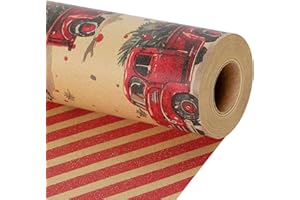 BIOBROWN Reversible Kraft Christmas Wrapping Paper - 17 Inch X 33 Feet (46.7 sq. ft. ttl.) - Vintage Trucks Design Perfect for Xmas, Party, Holiday Gift Wrap