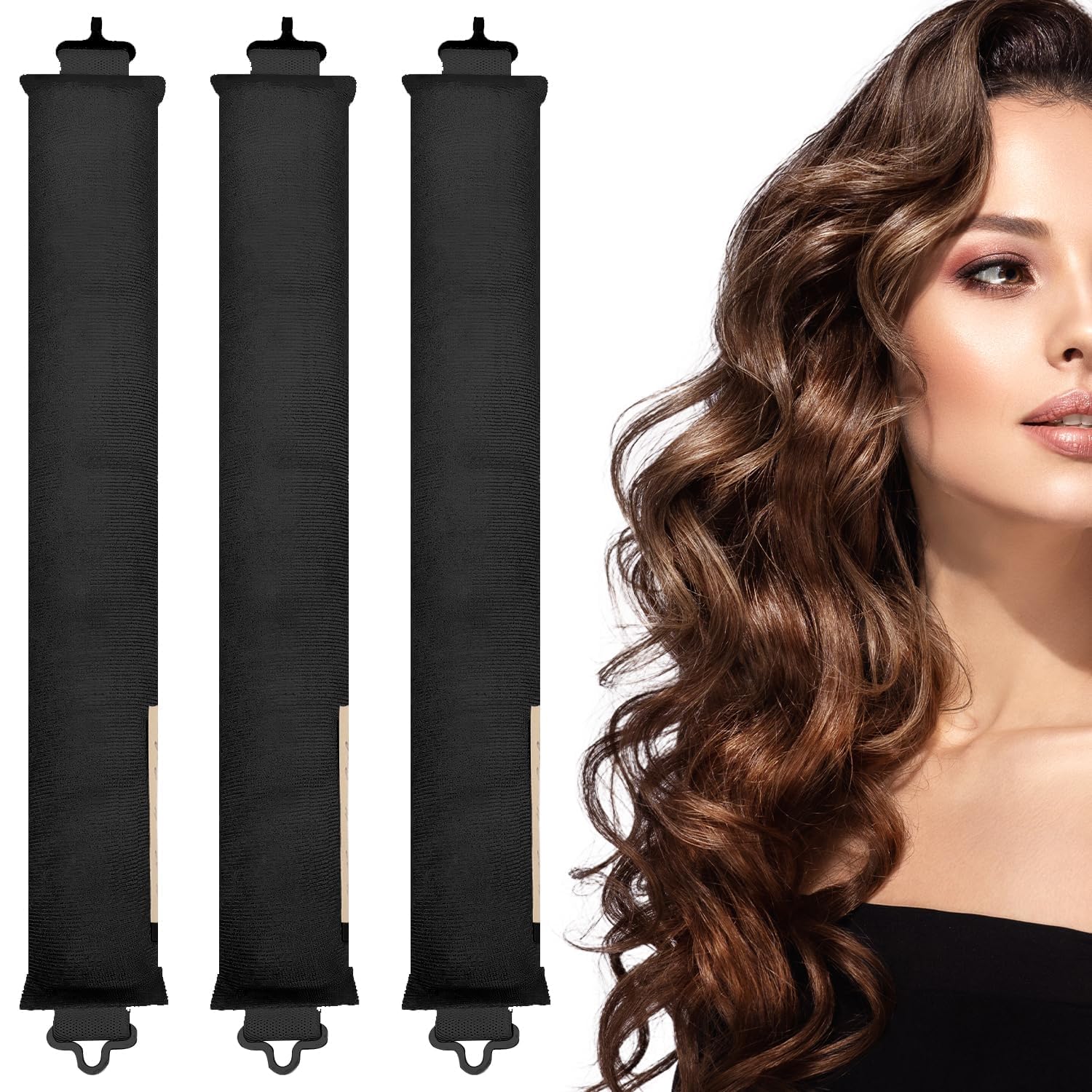 Heatless Curlers Headband - No Heat Overnight Curls for Long Hair (3 Pcs-Black)