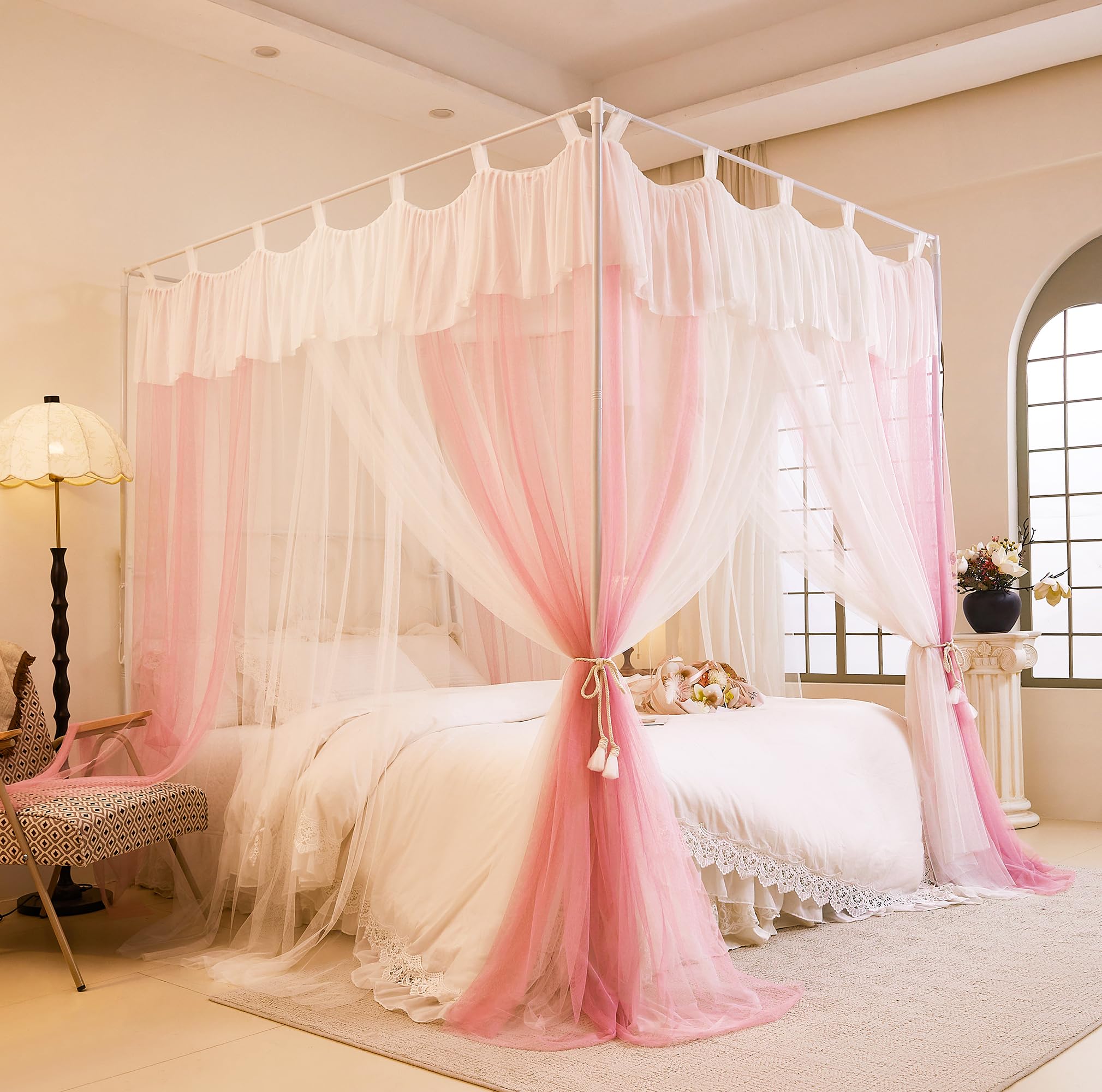 Photo 1 of Mengersi 4 Corners Post Bed Canopy Curtains,Double Layer Cozy Canopy Bed Curtains Mosquito Net for Girls Adults Bedroom Decoration Accessories(Pink,Queen)