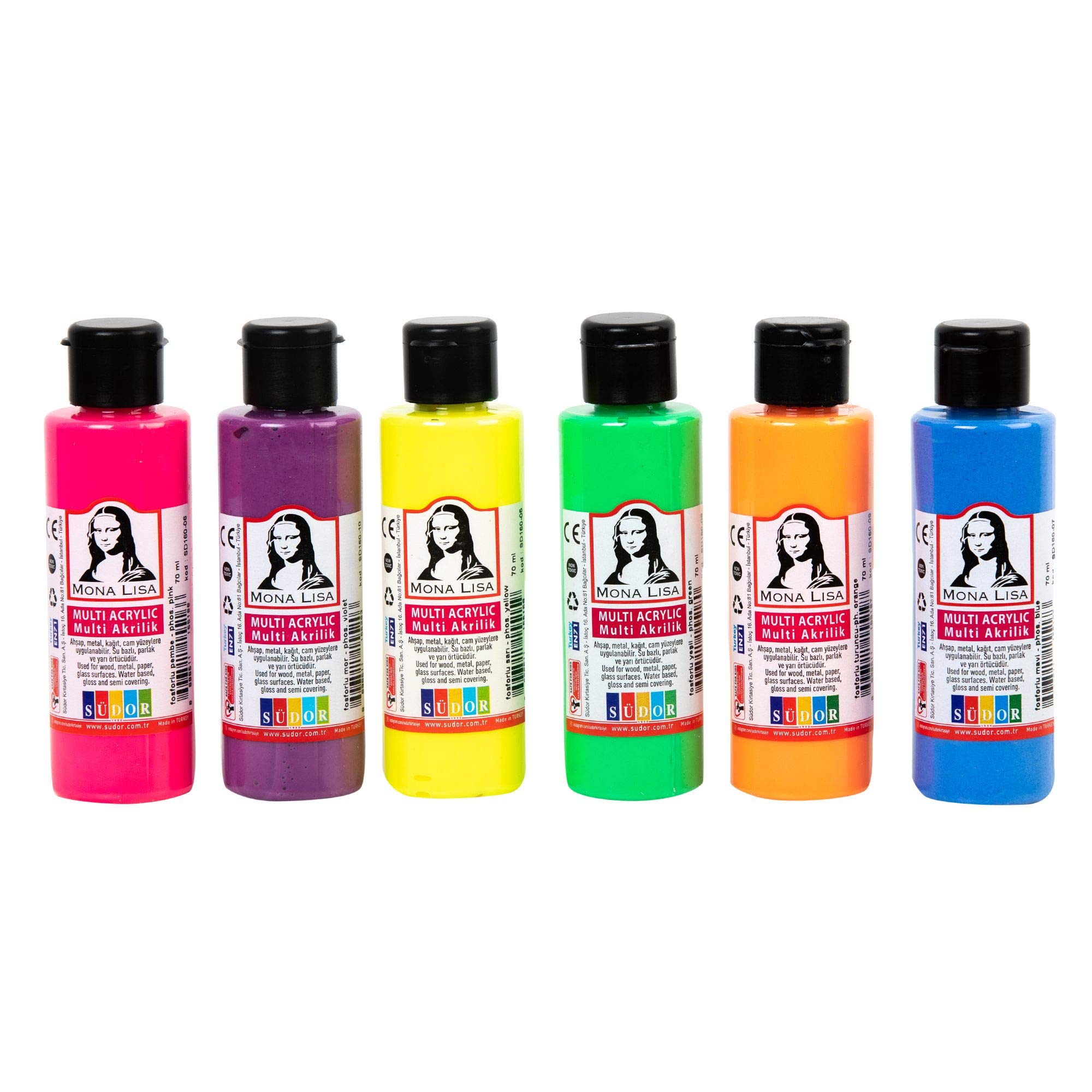 südor kırtasiye 1955 Monalisa Acrylic Paints Set (Neon) 6 Colours 70 ml for Painting on Wood Stone and Canvas for Children Adults Hobby Painters and Students
