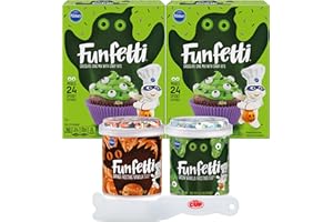 Pillsbury Funfetti Halloween Bundle, 2 Chocolate Slime Cake Mixes, 1 of each Frosting with Sprinkles, Green Vanilla and Orange Vanilla (Pack of 4) with By The Cup Spreader