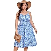 ShopWonder Womens Plus Size Summer Dress V Neck Floral Spaghetti Strap Sundress Button Down Pleated Swing Boho Midi Dress