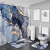 Nkzply 4 Pcs Blue Marble Shower Curtain Set Modern Abstract Bathroom Sets with Shower Curtain and Rugs Gold Fabric Shower Curtains for Bathroom Decor Accessories with Bath Rugs Toilet Lid Cover Hooks