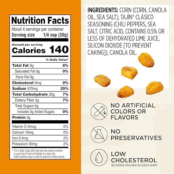 SNAK CLUB TAJIN TOASTED CORN, ROASTED CORN NUGGETS WITH CHILI AND LIME SEASONING, MILD, NON-GMO, GLUTEN-FREE, KOSHER SNACK, NO ARTIFICIAL COLORS OR FLAVORS, LOW CHOLESTEROL, 11 OZ RESEALABLE BAG