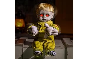 ELAMAS Halloween Animatronic 10inch Creepy Boy Doll, Halloween Animated Decorations with Sound Activated Spooky Sound, Light Up Eyes, Scary Move, Haunted House Holiday Decor Horror Prop for Indoor, Outdoor