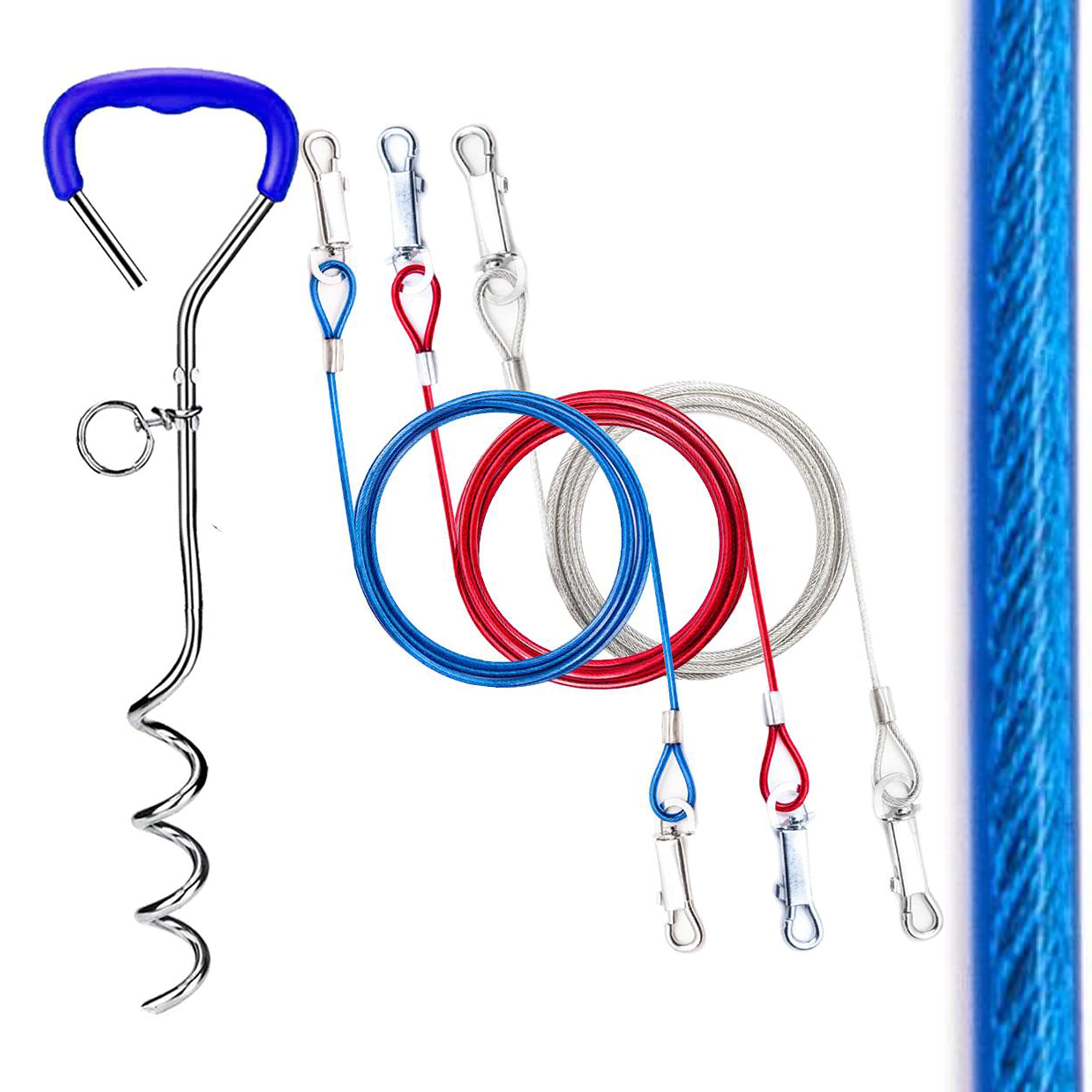 2x 1.8m BRIGHT Dog Chains for Outside, Tie-Out Cable Tether – with Steel Spiral Heavy Duty Ground Spike Stake (45cm) – Outdoor Dogs Accessories, Lead, Hook (Blue)