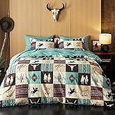Wake In Cloud - Western Comforter Set with Sheets, Southwestern Aztec Country Horse Cowboy Rustic Ranch Style, 7 Pieces Bed in a Bag, Turquoise Taupe, Queen Size