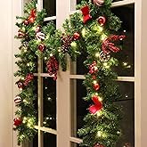 MorTime 9 FT LED Christmas Garland with Pinecones Red Berries Bows Christmas Balls Candies, Multi-Function Christmas Garland with 50 Warm White LED Lights, 180 Branch Tips