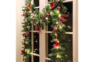 MorTime 9 FT LED Christmas Garland with Pinecones Red Berries Bows Christmas Balls Candies, Multi-Function Christmas Garland with 50 Warm White LED Lights, 180 Branch Tips