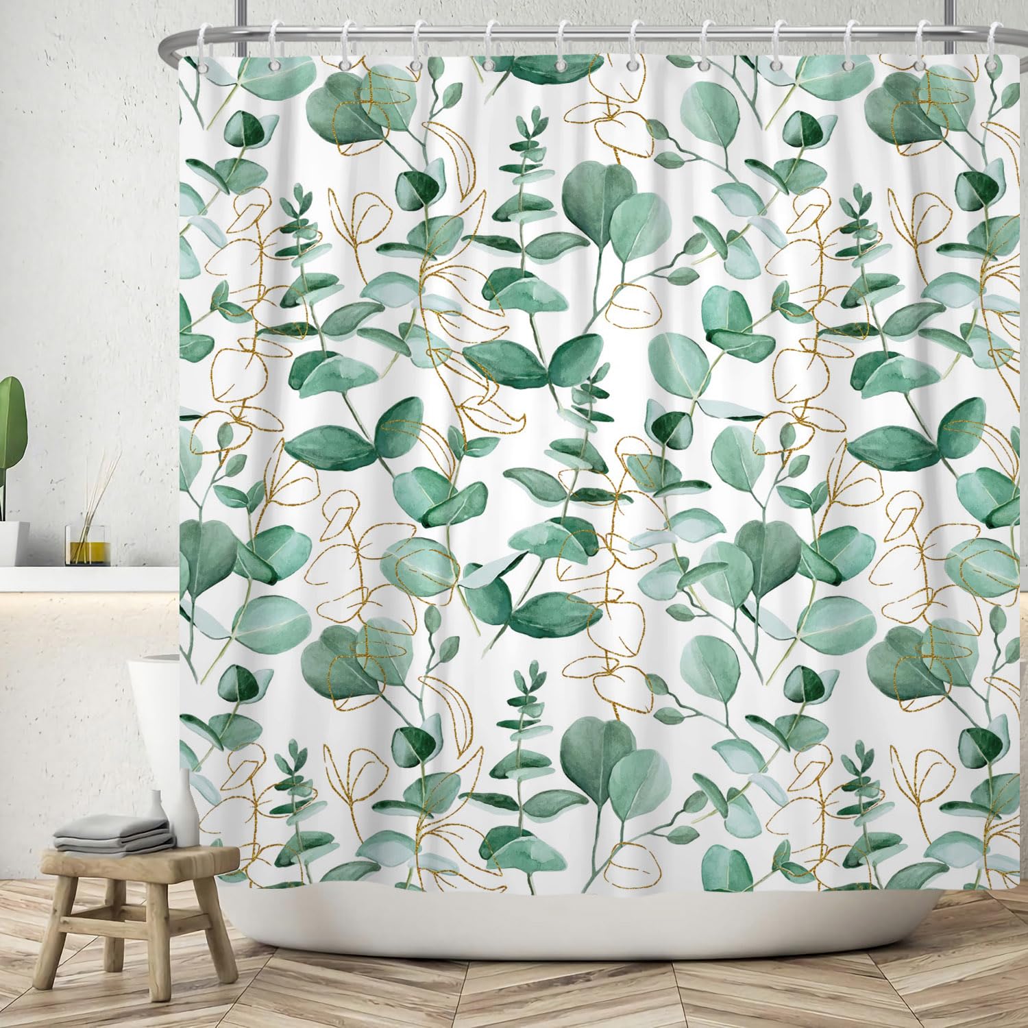 ASDCXZ Leaves Shower Curtain 180x200 cm, Spring Simplicity Green Turquoise Gold Leaves White Bath Washable Shower Curtains Polyester Textile Waterproof Bath Curtain for Bathtub with 12 Hooks — image 1