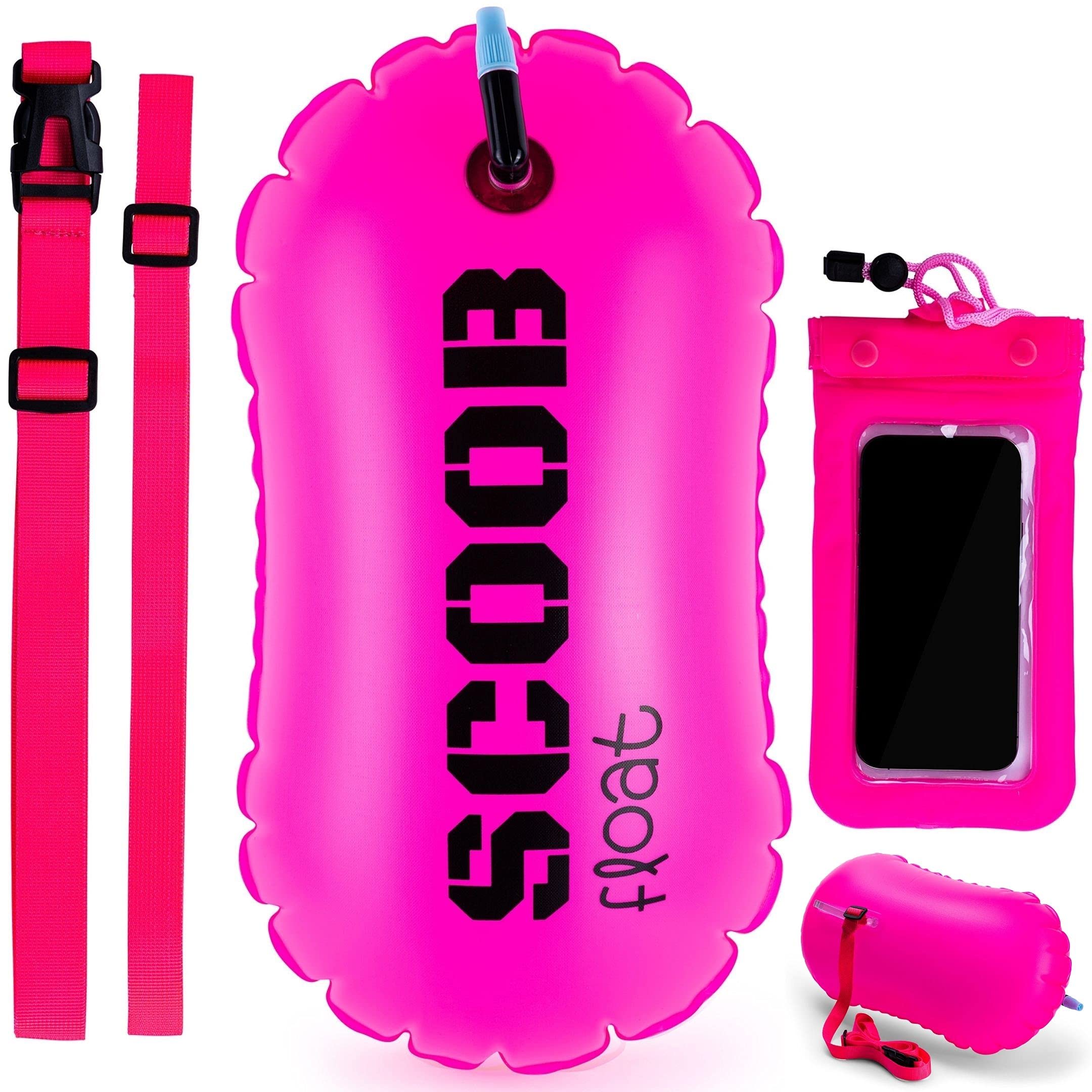 NA2 Swim Buoy Tow Float Outdoor for Open Water Swimming by SCOOB + waterproof mobile phone case. Pink Lightweight and Visible Bag for Swimmers Triathlon Surfers Adults Children. Use for Safe Training