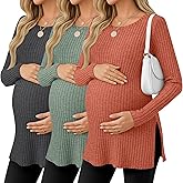 Ficerd 3 Pack Women's Maternity Shirts, Ribbed Long Sleeve Pregnancy Sweaters Knit Scoop Neck Slit Side Pregnant Tops Sweater(Dark Gray, Green, Caramel,XX-Large)