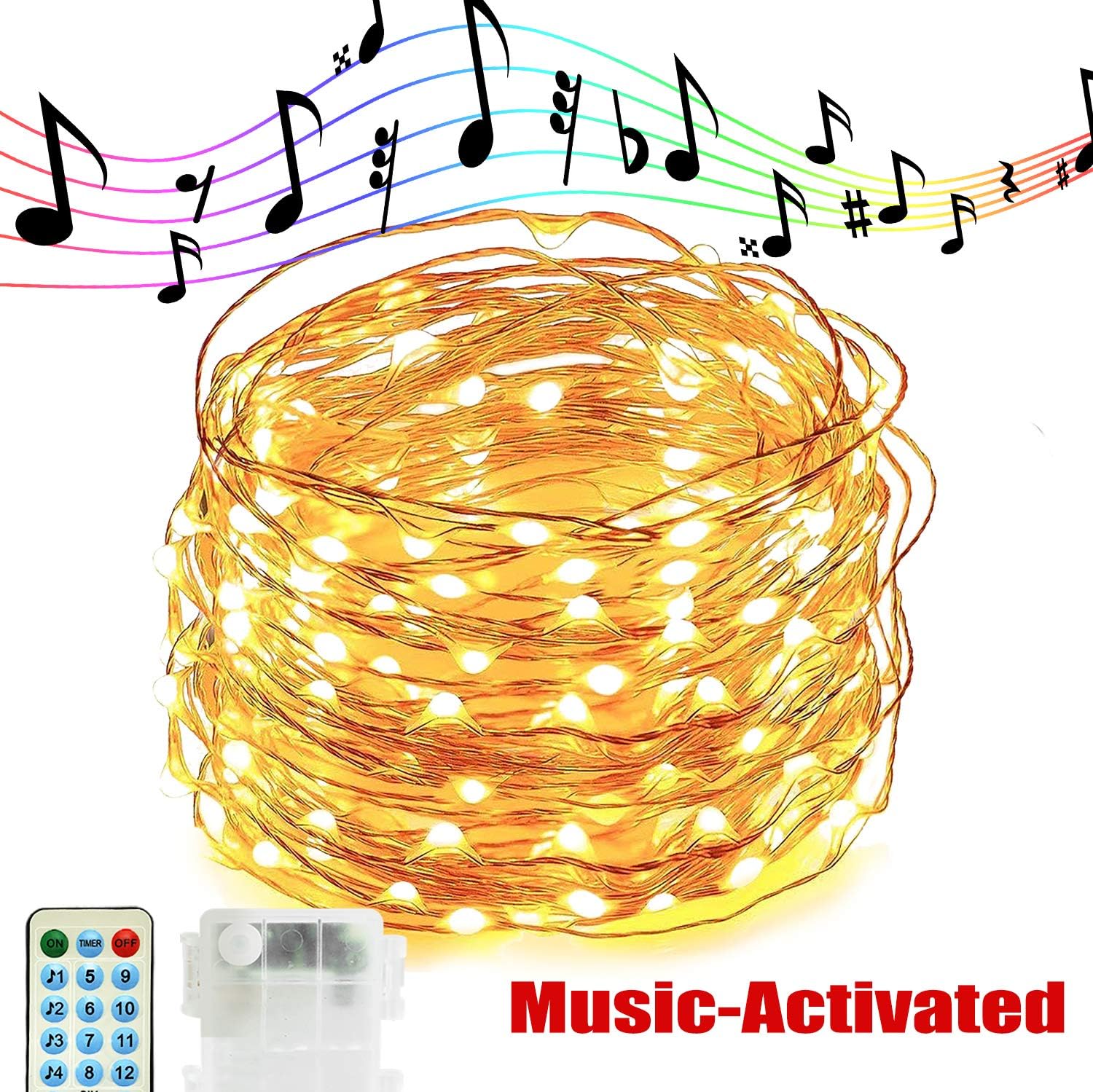 Copper Wire LED String Lights,Makion Sound Activated Music Sync Light Waterproof Fairy Lights Warm White 10M 100LED 11Modes Decorative Battery Lights for Bedroom,Christmas,Indoor,Outdoor