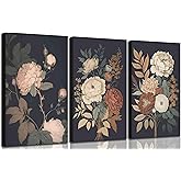 3Pcs Vintage Peony Flower Still Life Canvas Wall art Rustic Dark Floral Plant Painting Picture Farmhouse Wall Decor Posters Print Artwork for Women's Room Living Room Bedroom Home Decoration