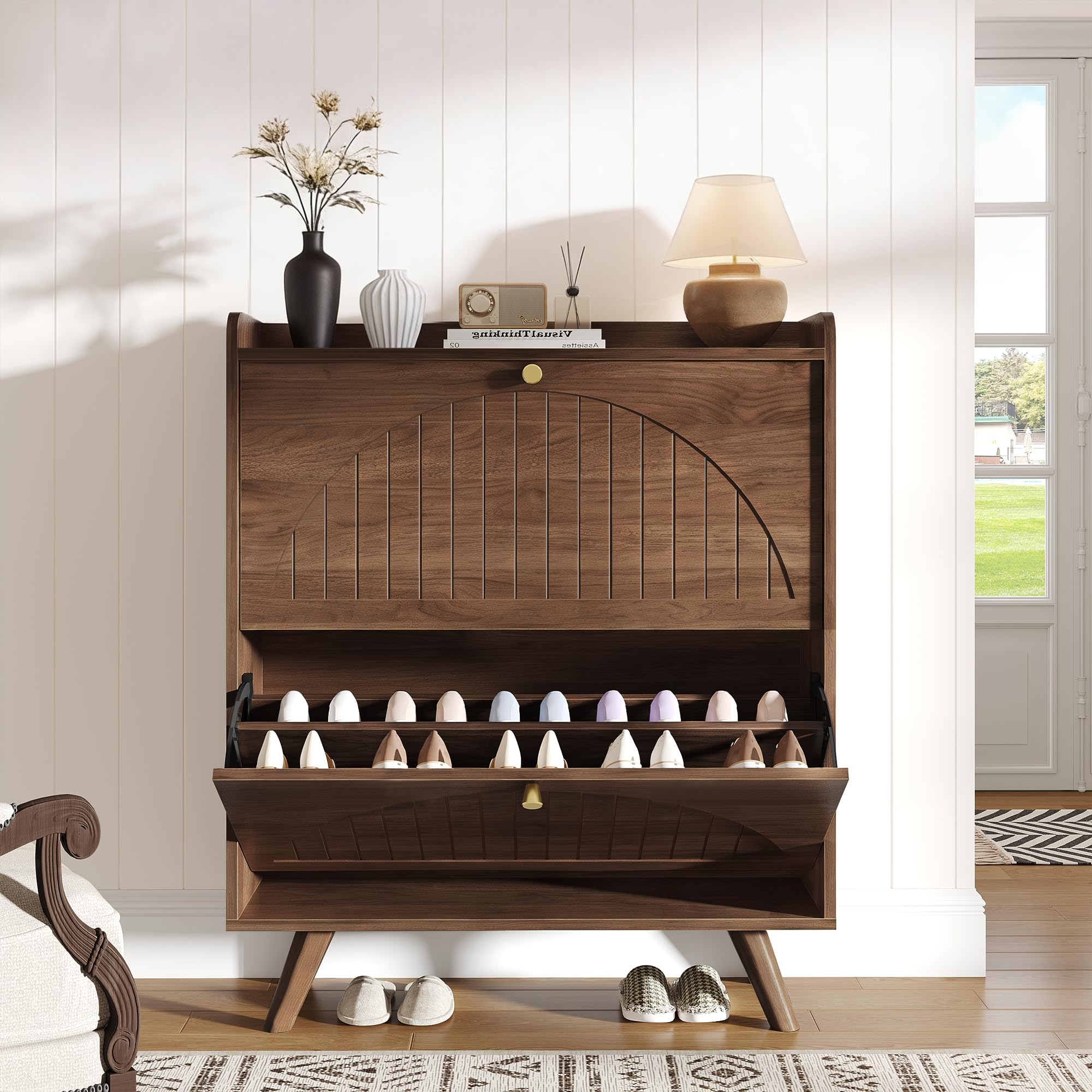Photo 1 of Decofy 37.6” Shoe Cabinet with 2 flip-Down Drawers, Three Adjustable Levels, Suitable for entryway, Hallway, and Living Room (Walnut)