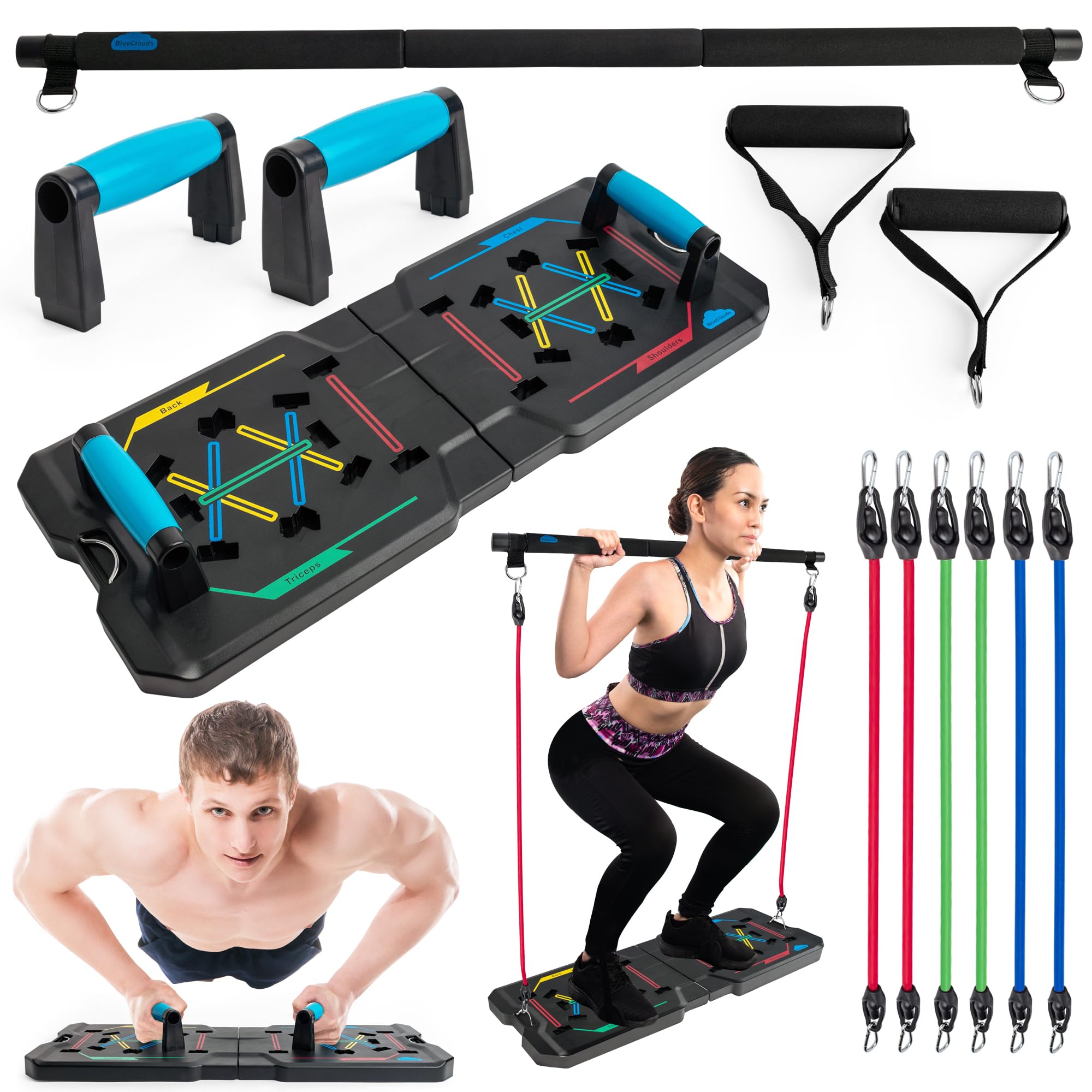 Photo 1 of BlueClouds Push Up Board and Pilates Bar Kit - Color Coded Foldable Pushup Board Fitness Tool - Reinforced Aluminum Resistance Band Bar - At Home Gym Accessories for Men and Women - Portable Gym