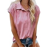 SOMTHRON Women's Plaid Button Down Shirts Short Cap Sleeve V Neck Collared Gingham Cotton Blouses Tops