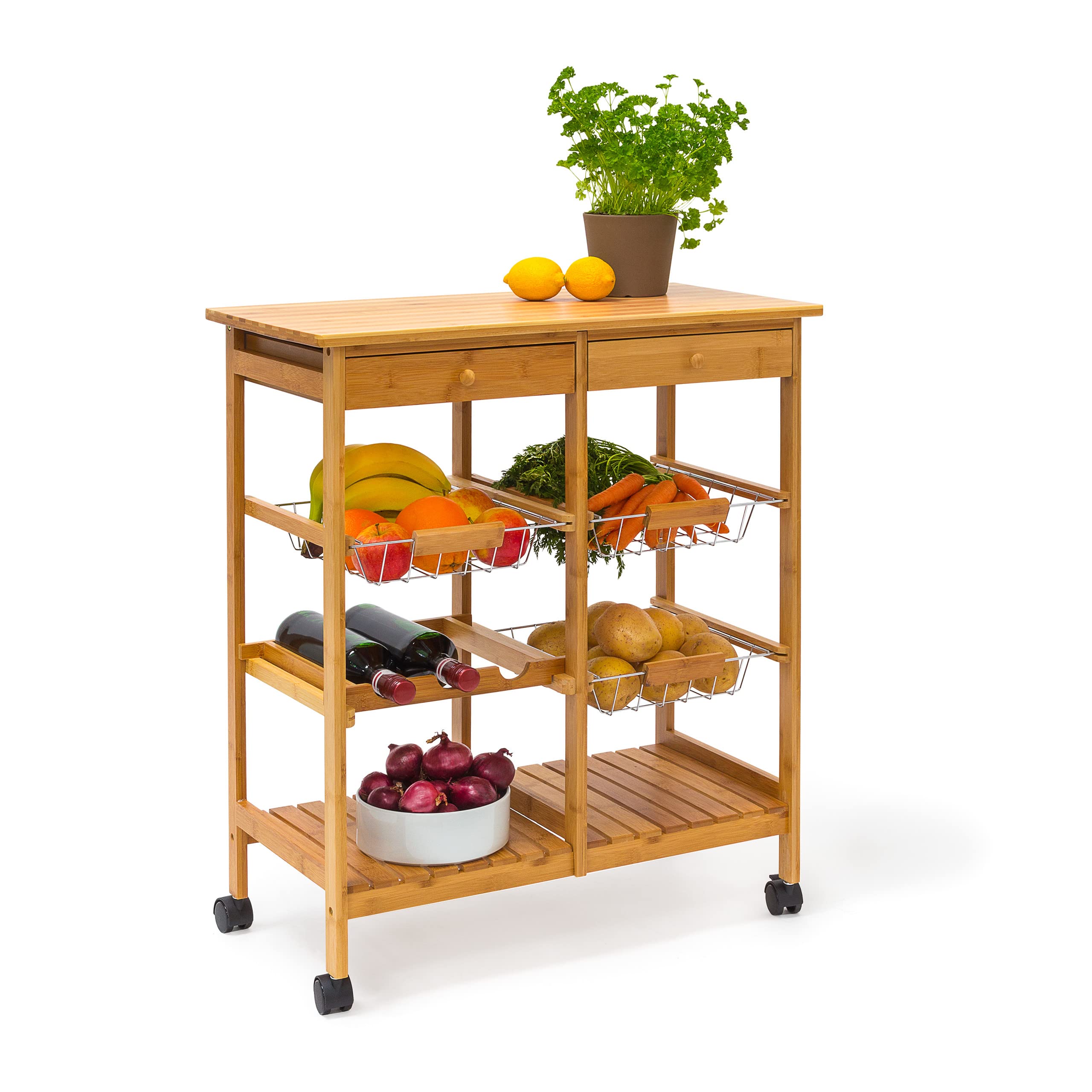 Relaxdays JAMES Bamboo Serving Trolley Cart with 2 Drawers and 3 Baskets, Wheeled Wooden Kitchen Island with a Shelf for Plates and Wine Bottle Rack, 80 x 67 x 37 cm, XXL, Natural
