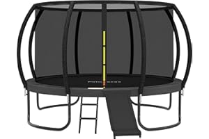 Polwkscas Trampolines 12FT 14FT Trampoline with Safety Enclosure Net & Ladder, Outdoor Trampoline for Kids and Adults with Heavy Duty Jumping Mat and Spring Cover Padding, ASTM Approved