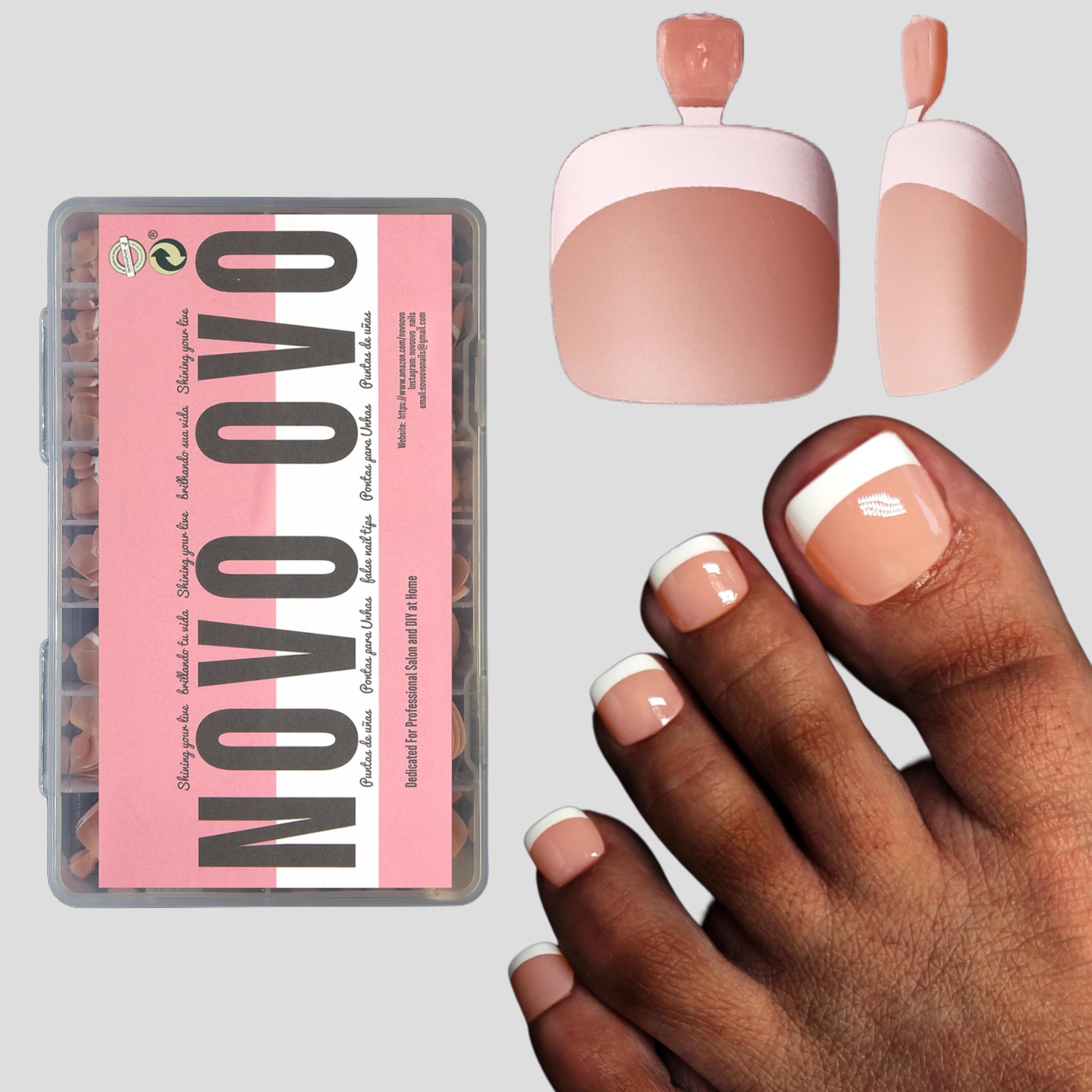 NOVO OVO Fake Toe Nail Tips Press on, French Tip Soft Gel Toenail Extension, ORANGE PINK Square Round Pre-applied Tip Primer & Base Coat, Full Cover Matte False Nails for DIY x 15 Sizes 360Pcs — image 1