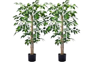 HAIHONG 2Packs 4FT Artificial Ficus Trees with Realistic Leaves and Natural Trunk, Faux Ficus Tree with Sturdy Plastic Nursery Pot, Fake Ficus Tree for Office Home Farmhouse for Indoor Outdoor Decor