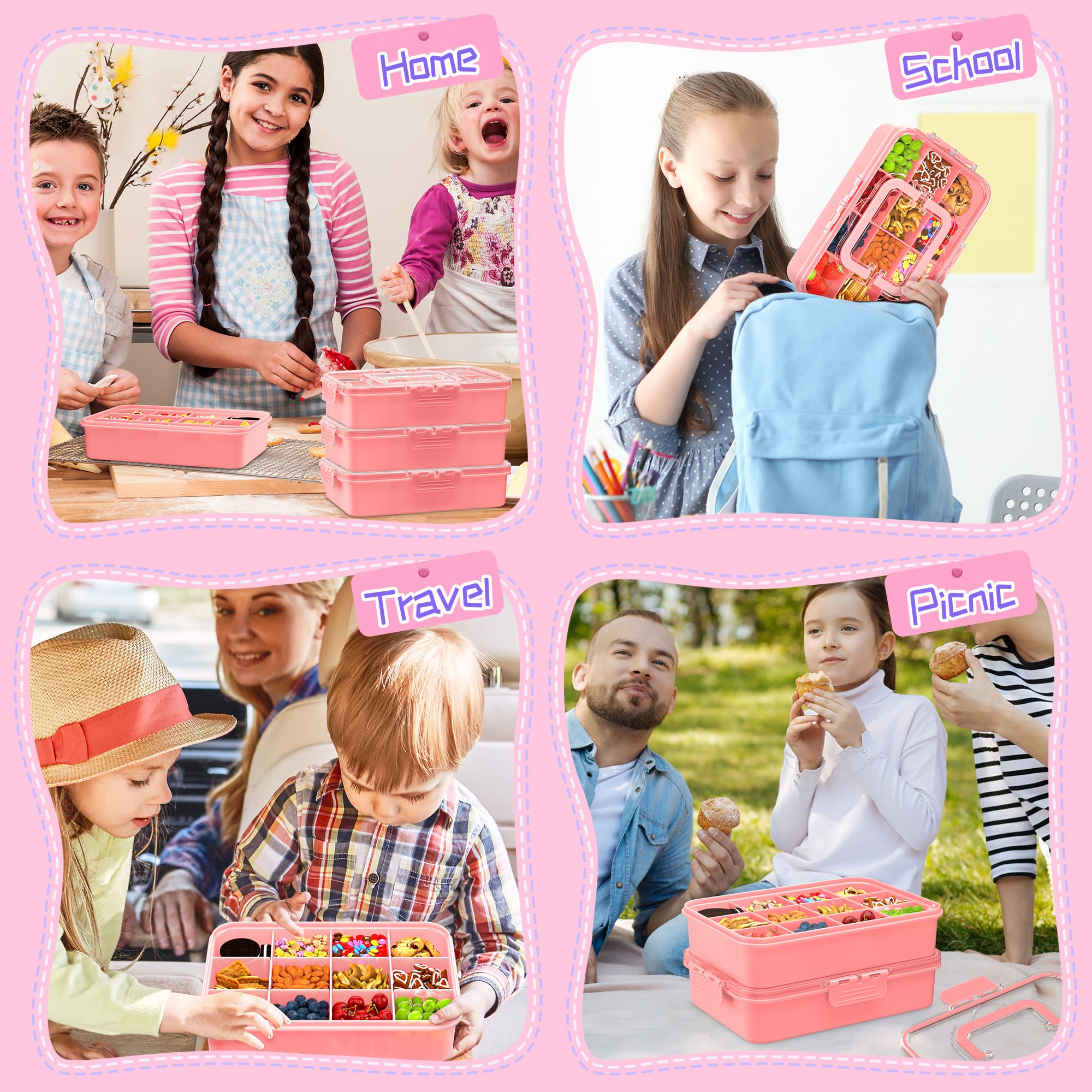 Xyptorix Snack Box Container for Kids - Adjustable 12-Compartment Snack Containers, Reusable Bento Box, Dishwasher Safe, BPA-Free, Perfect for School, Travel, Camping & Picnic, Pink