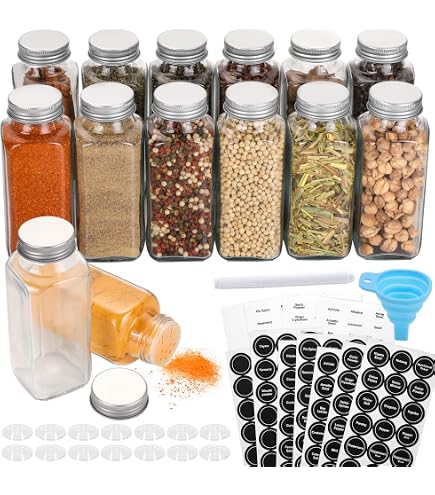 SWOMMOLY Lot De 42 Pots à Épices En Verre – 713 Étiquettes, Marqueur Craie, Entonnoir – Bocaux 113g Avec Couvercles Hermétiques Et Verseurs