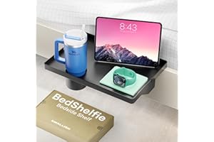 BedShelfie Bedside Shelf for Bunk Bed & Top Bunk, College Dorm Room Essentials, Clip On Nightstand, Bed Side Table Tray Organizer - Cup Holder, Black