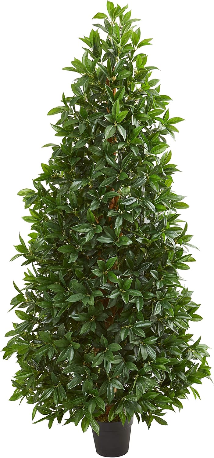 Nearly Natural 5-Ft. Bay Leaf Cone Topiary Artificial UV Resistant (Indoor/Outdoor) Silk Trees Green -