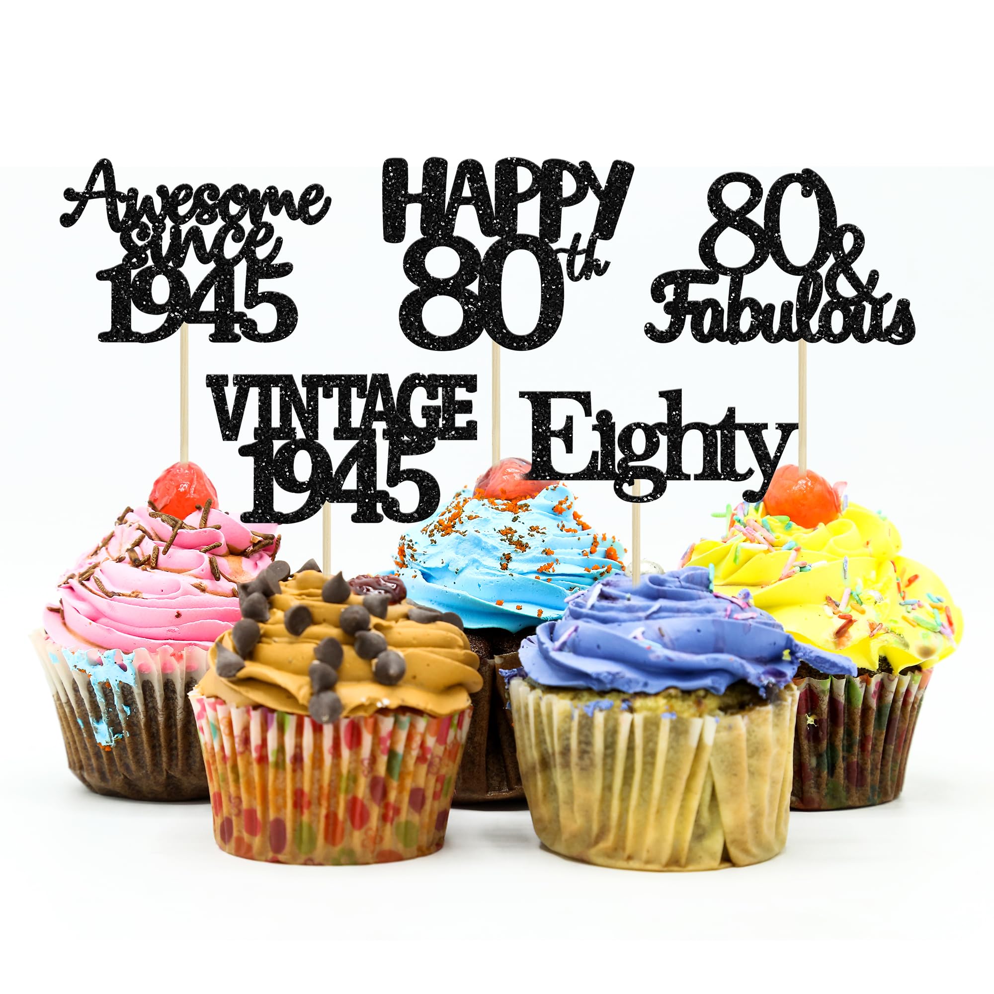 Gyufise 30 Pack Vintage 1945 Cupcake Toppers Glitter Cheers to 80 Fabulous Eighty Cupcake Picks 80th Birthday Wedding Anniversary Party Cake Decorations Supplies Black