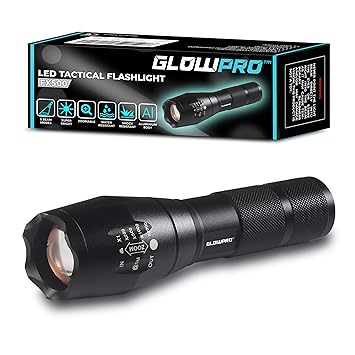 GlowPro LED Tactical Flashlight FX500 | Super Bright Torch with 5 Light Modes, Aluminium Body, Zoomable Focus, IP65 for Camping, Hiking and Emergency | with Holster | Black