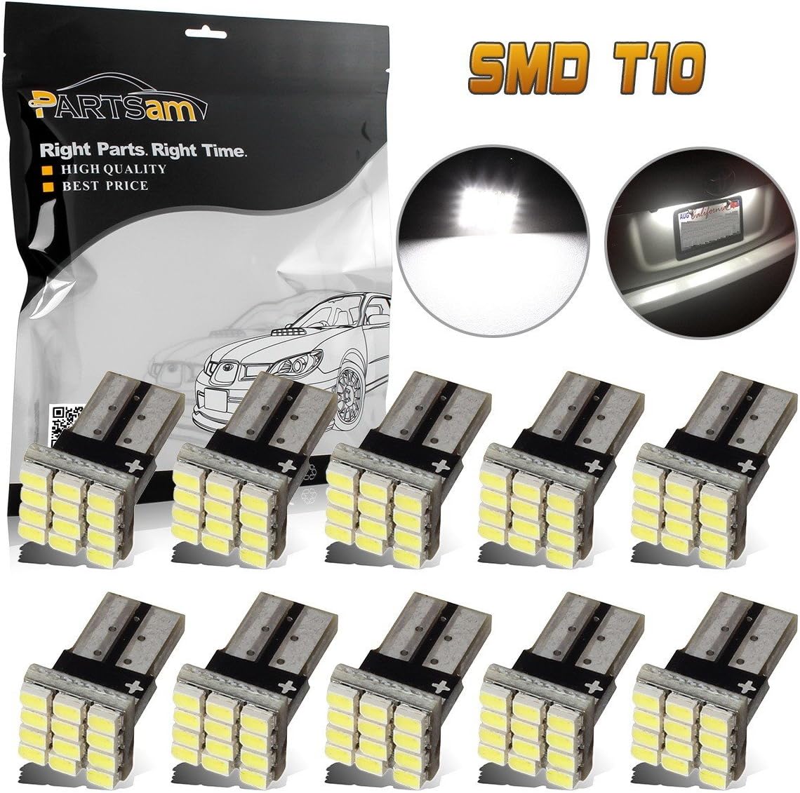 Partsam 10pcs Super White 12-SMD LED Car License Plate Tag Lights Interior Lamps T10 194 168 2825 2886X